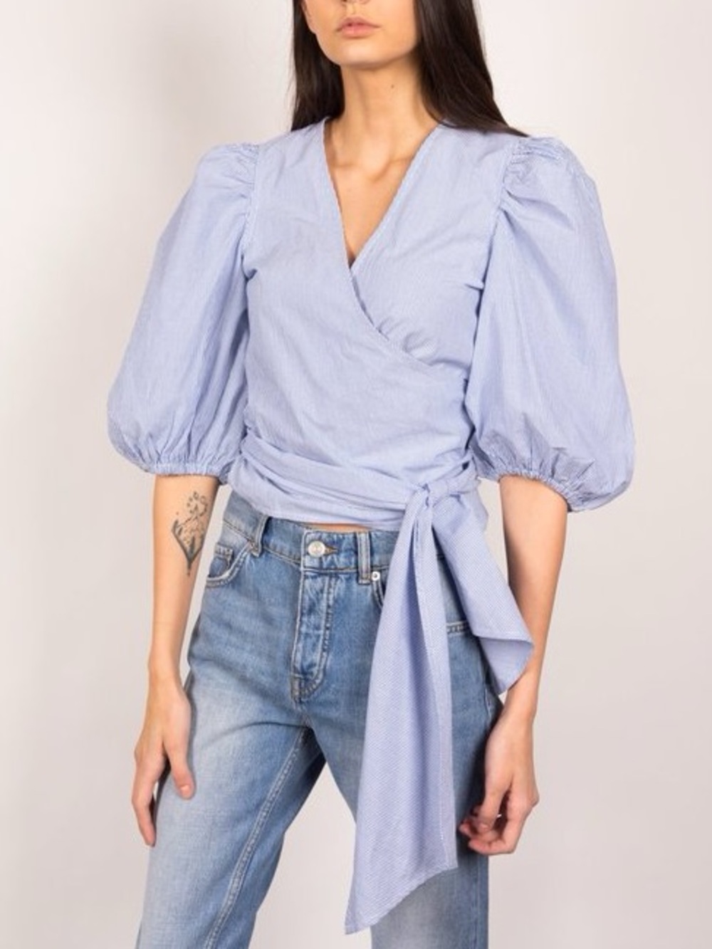 GANNI Striped Poplin Wrap Blouse Size 36 = Small Blue White Cotton